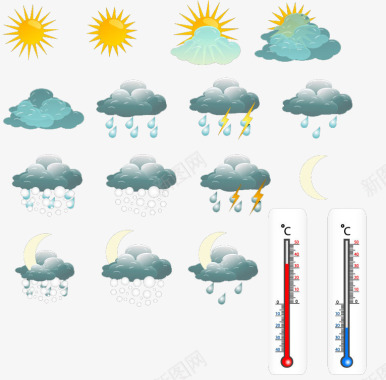 多云夜间温度计与天气图标图标