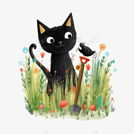 猫咪png免抠素材_88icon https://88icon.com 创意动物插画 手绘猫咪 花丛 草丛 蝴蝶 黑色猫咪