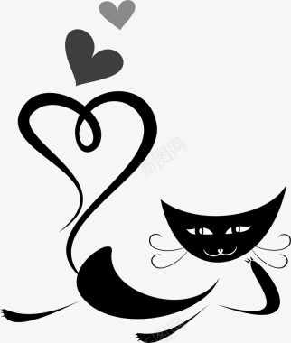 矢量爱心彩带手绘黑色猫咪图标图标