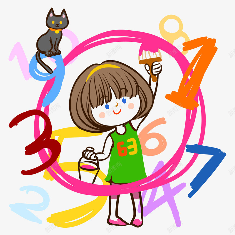 女孩画画png免抠素材_88icon https://88icon.com 人物 卡通人物 女孩 数字 猫咪 画画