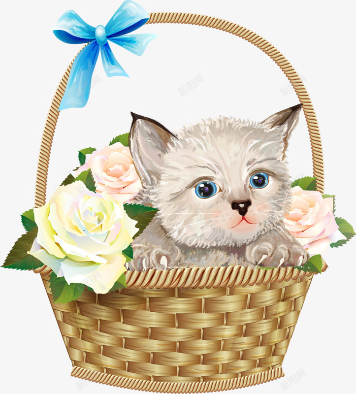 花篮猫咪png免抠素材_88icon https://88icon.com 可爱 手绘 猫咪 花篮 蝴蝶结