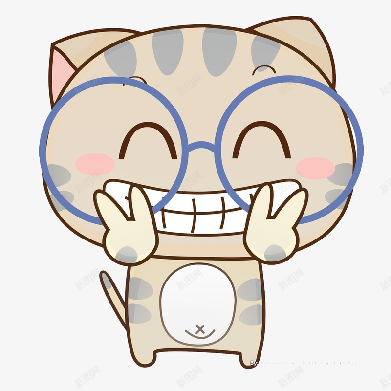 卡通微笑猫png免抠素材_88icon https://88icon.com 卡通 可爱 图案 大笑 大脸猫 戴眼镜的猫 拟人化 蓝眼镜 通身粉色