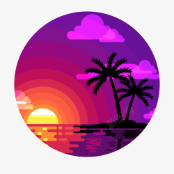 紫色大海和棕榈树风景素材