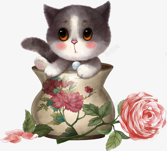 手绘猫咪png免抠素材_88icon https://88icon.com 动物 卡通动物 猫儿 猫咪 花卉 花朵