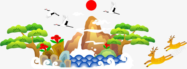 绘画风景png免抠素材_88icon https://88icon.com 仙鹤 夕阳 山景 手绘 绘画 风景 鹿