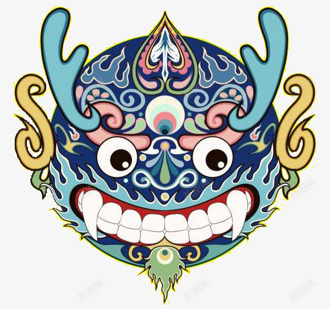 浪花门神png免抠素材_88icon https://88icon.com 中国传统门神 牙齿 犄角 瞪眼 蓝色 锋利