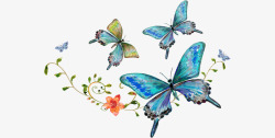 卡通手绘水彩蓝色蝴蝶花朵矢量图素材