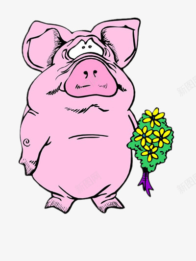 拿着鲜花的小胖猪png免抠素材_88icon https://88icon.com 动物 卡通 肥胖