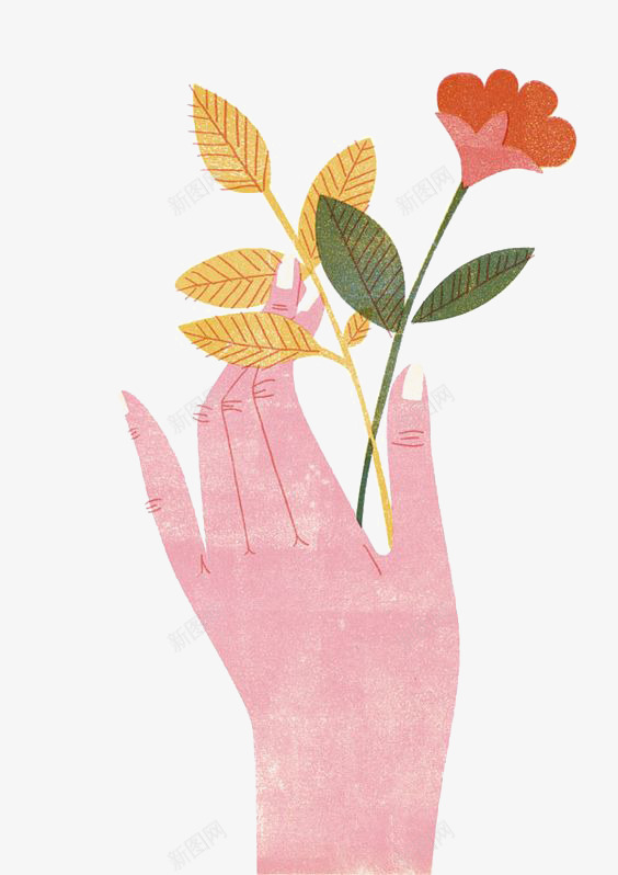 手里拿着一枝花png免抠素材_88icon https://88icon.com 七叶 卡通手 喇叭花 红色 黄色叶子