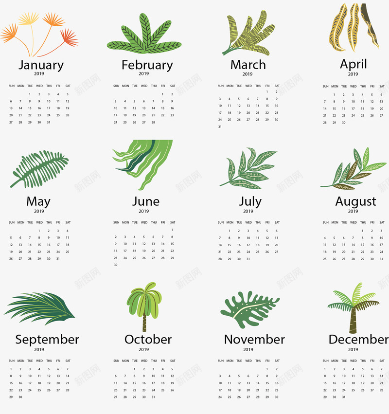 绿色植物2019日历矢量图ai免抠素材_88icon https://88icon.com 2019日历 日历 植物日历 矢量png 绿色植物 矢量图