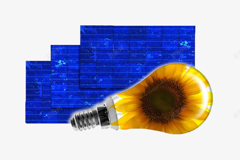 蓝色发电板和创意灯泡png免抠素材_88icon https://88icon.com 光伏 光伏发电 创意花卉灯泡 发电板 太阳能 自色能源 蓝色
