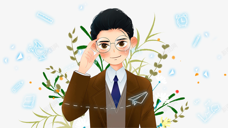 卡通手绘教师节花丛里的男老psd免抠素材_88icon https://88icon.com 免抠卡通手绘教师节花丛里的男老师免费下载 免抠戴眼镜的男老师 卡通 手绘 教师节 植物 花丛里的男老师 花朵装饰