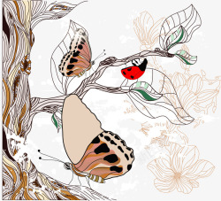 卡通手绘蝴蝶瓢虫树木铅笔画素材