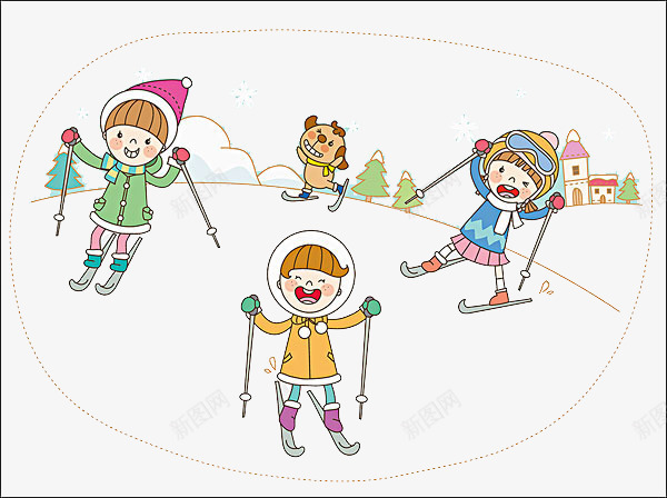 卡通雪地里滑雪的孩子png免抠素材_88icon https://88icon.com 免抠三个女孩 卡通 树木 欢快的孩子 滑雪的孩子 雪地里