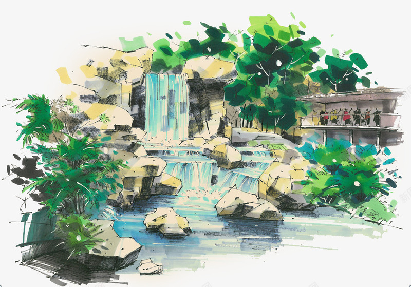 手绘跌水景观png免抠素材_88icon https://88icon.com 园林建设 园林设计 图片 手绘 手绘跌水景观 景观 环艺 环艺展板 环艺设计 跌水景观