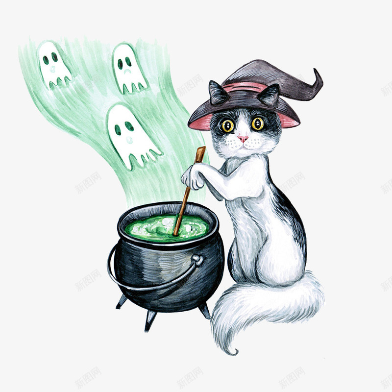 手绘水彩可爱猫咪女巫png免抠素材_88icon https://88icon.com PNG 可爱 女巫 手绘 水彩 熬药水 猫咪