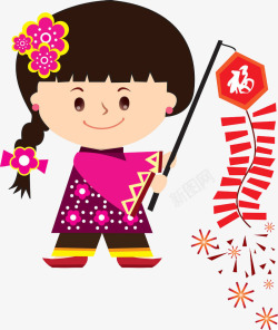 春节服饰手绘放鞭炮的女孩图高清图片