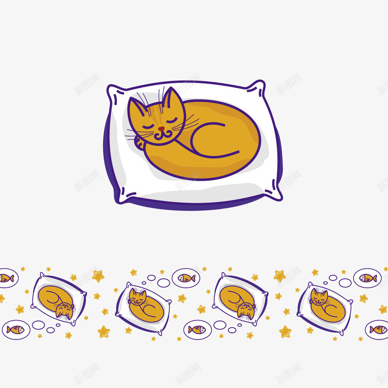 睡觉的猫矢量图eps免抠素材_88icon https://88icon.com 宠物 手绘 枕头 黄色 矢量图