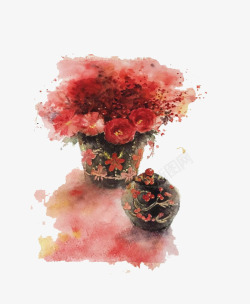红色梅花黑色底色花瓶与小壶素材
