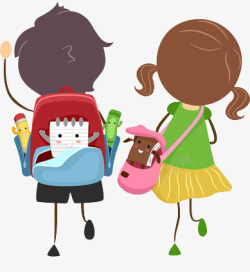 卡通两孩童背着书包一起上学素材