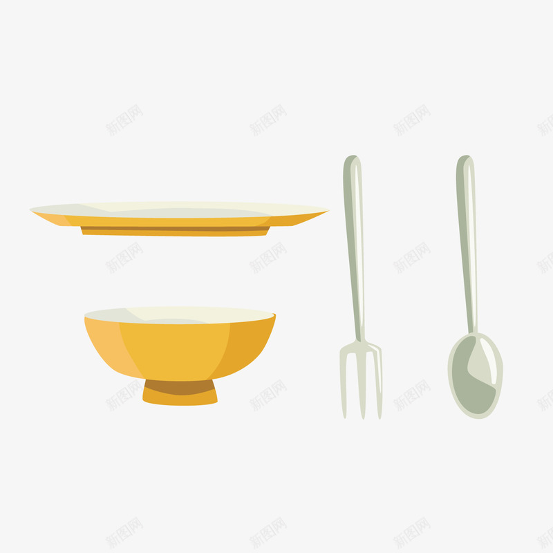 卡通小碗碟子餐具png免抠素材_88icon https://88icon.com 卡通厨具 叉子勺子 小碗 碟子 背景装饰 金属质感