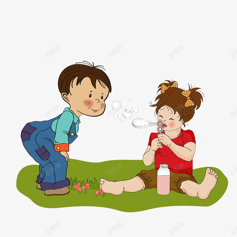 草地上吹泡泡玩的男孩女孩png免抠素材_88icon https://88icon.com 一起玩 卡通插图 可爱 吹泡泡 女孩 男孩 草地上 草地上的人