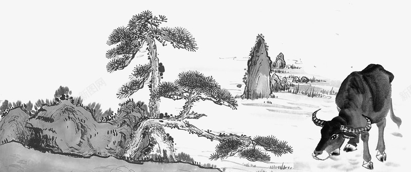 水墨画松树牛png免抠素材_88icon https://88icon.com 中国风 卡通手绘 国画牛 水墨画 牛