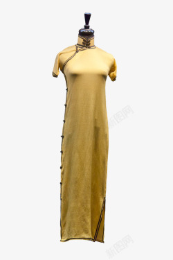 短袖旗袍黄色短袖丝制旗袍高清图片