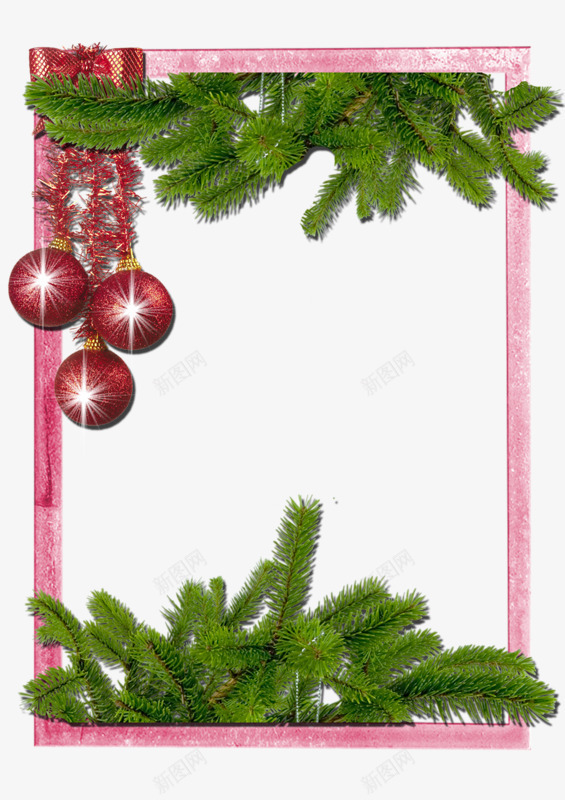 卡通节日边框png免抠素材_88icon https://88icon.com 圣诞节边框 彩色玻璃球 松树 粉色边框