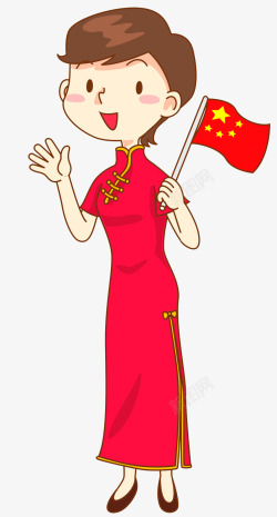 红色手绘中国旗袍女导游素材
