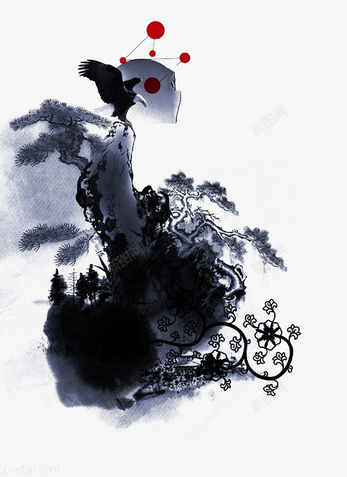 水墨画png免抠素材_88icon https://88icon.com 中国画 松树 毛笔画 磨迹 黑色