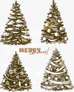 手绘素描圣诞雪花松树素材
