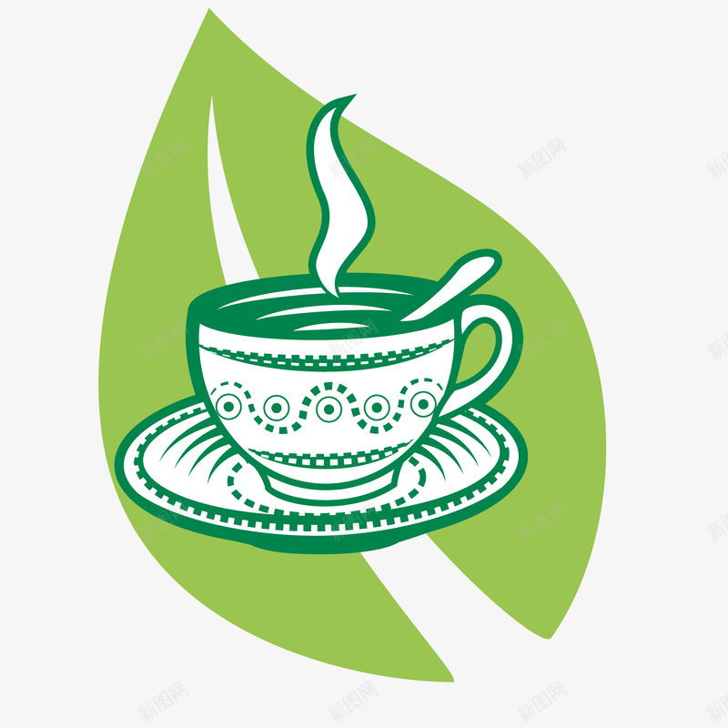 绿色背景和冒热气的咖啡杯png免抠素材_88icon https://88icon.com 勺子 咖啡套 咖啡杯子 绿叶 装饰图案
