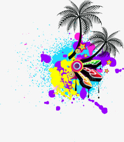 手绘彩色喷绘椰树音乐元素矢量图素材