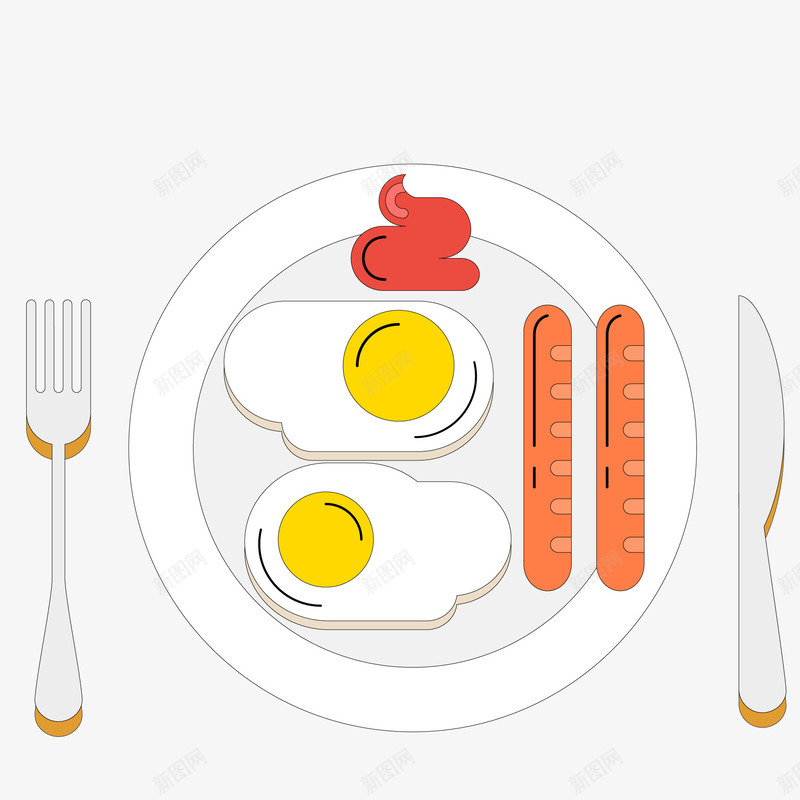 卡通俯视图早餐矢量图ai免抠素材_88icon https://88icon.com 刀叉 早餐 火腿肠 番茄酱 食物 餐具 鸡蛋 矢量图