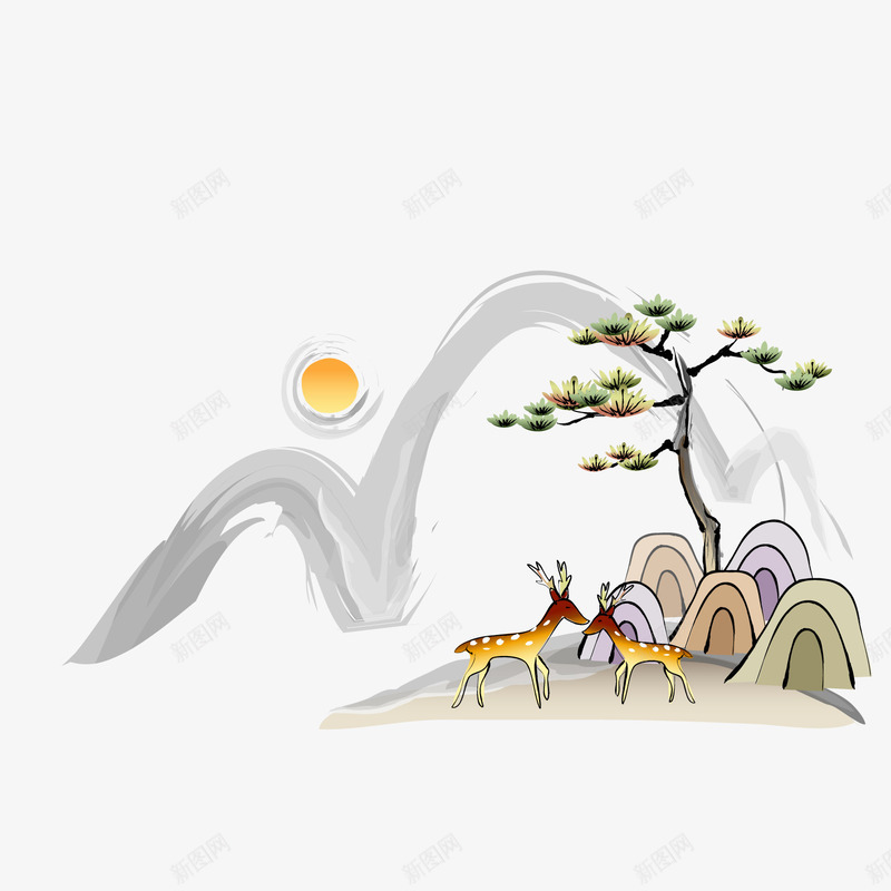 中国风风景画png免抠素材_88icon https://88icon.com 中国风 夕阳 小鹿 山峰 松树