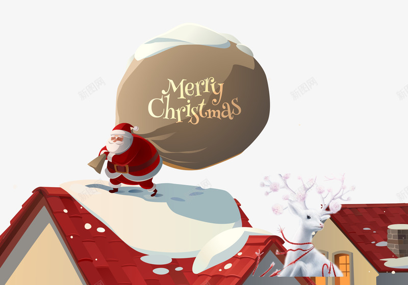 卡通屋顶上的圣诞老人psd免抠素材_88icon https://88icon.com 圣诞老人 屋顶上的圣诞老人 白色的麋鹿 背着的大包裹 雪花装饰