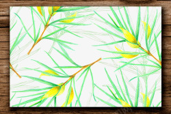 手绘绿色植物图案木纹边框素材