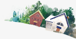 两个小房子树丛彩色图案素材