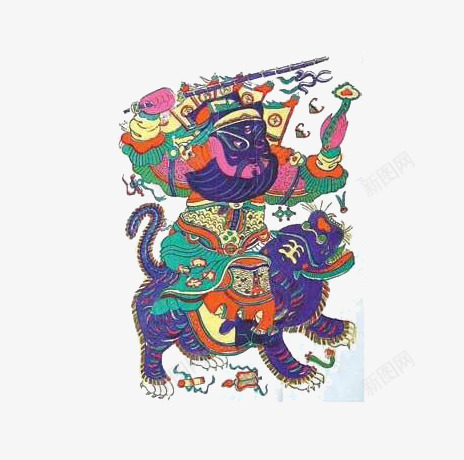 手绘年画png免抠素材_88icon https://88icon.com 年画 手握如意 财神赵公明 身骑猛虎