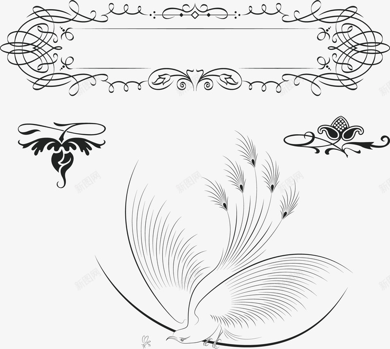 凤凰花纹png免抠素材_88icon https://88icon.com 凤凰 小花 欧式风 线条 边框