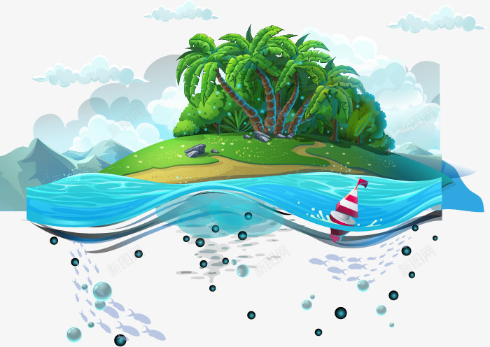 蓝色海面上的小岛png免抠素材_88icon https://88icon.com 小岛 树林 棕榈树 椰树 浮标