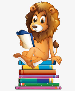 卡通手绘可爱狮子坐书籍上看书矢量图素材