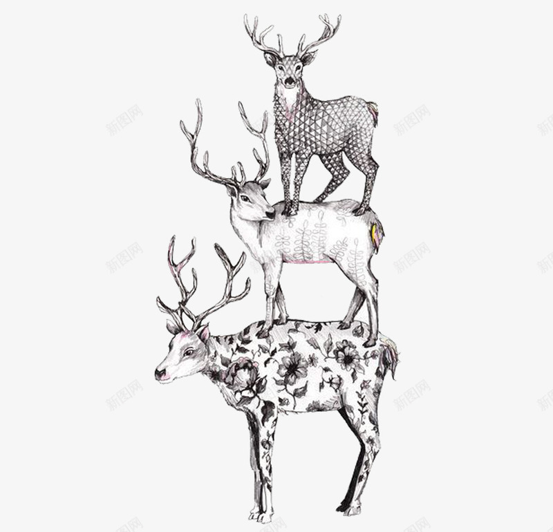 三只叠加在一起的鹿png免抠素材_88icon https://88icon.com 手绘 驯鹿 鹿 黑白