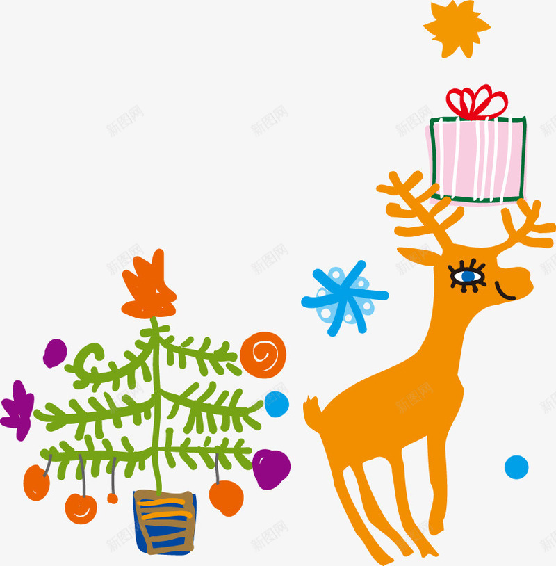 卡通手绘圣诞树麋鹿png免抠素材_88icon https://88icon.com 卡通 圣诞树 麋鹿