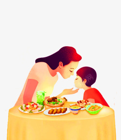 手绘母子吃饭装饰图案素材