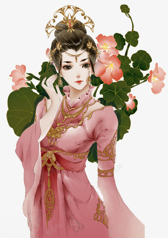 手绘女子png免抠素材_88icon https://88icon.com 古代女子 古代服饰 手绘 植物 花卉