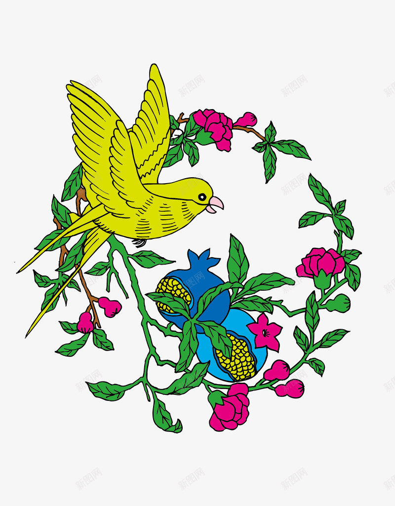 石榴与黄色的鸟的传统图案矢量图ai免抠素材_88icon https://88icon.com 传统 石榴 花 鸟 矢量图