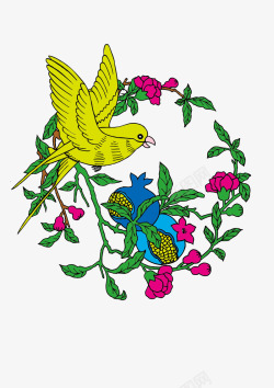 石榴与黄色的鸟的传统图案矢量图素材