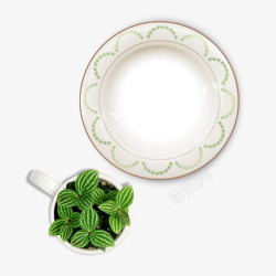 欧式花纹盘子杯子里的绿植素材